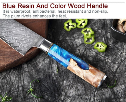 XITUO Kitchen Knives Set Damascus Steel VG10 Chef Knife Cleaver Paring Bread Knife Blue Resin Stabilised Wood Handle 1-7PCS set