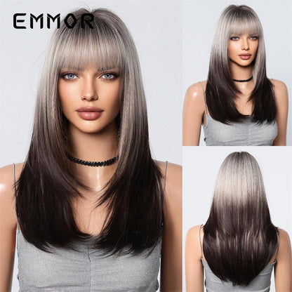 Peruca de cobertura total, peruca rosa gradiente marrom escuro, peruca de cabelo liso com franja, adequada para o role-playing diário feminino,