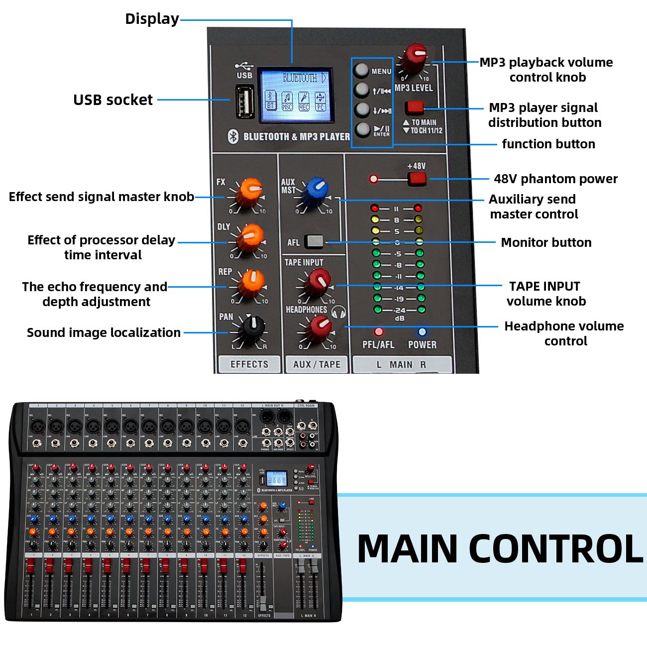 6//8/12 Channel Professional Audio Mixer  Studio Audio Console USB MP3 Input 48v Phantom Power DJ Console