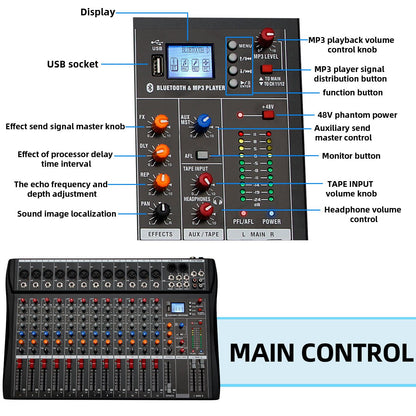 6//8/12 Channel Professional Audio Mixer  Studio Audio Console USB MP3 Input 48v Phantom Power DJ Console