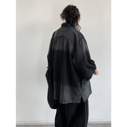 Ancient Style Denim Shirt Mens Halo Dyed Washed Single Breasted Short Sleeved Jacket Lapel Collar Fashion Tops Male High Quality