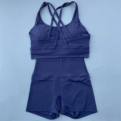 Solid Color gym bike Yoga Set short Legging +cross sport bra Tracksuit  Athletic Women Gym Suit Comprehensive Training Jogging