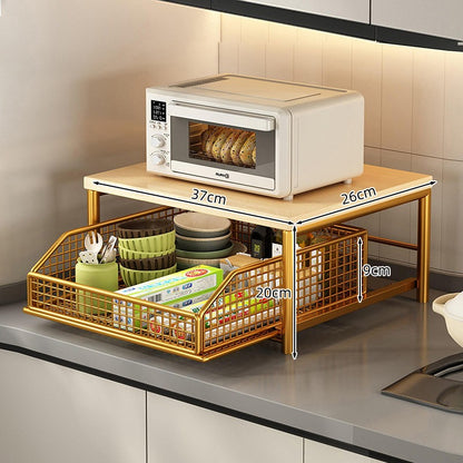 Prateleira de armazenamento moderna para micro-ondas de cozinha - estrutura robusta de madeira maciça e metal, prateleira de armazenamento de bancada que economiza espaço