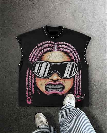 Y2K Popular Willow Nail Round Neck Vest T Shirt Retro Punk Hip Hop Oversized Printed Pure Tops Classic Loose Sleeveless T Shirt