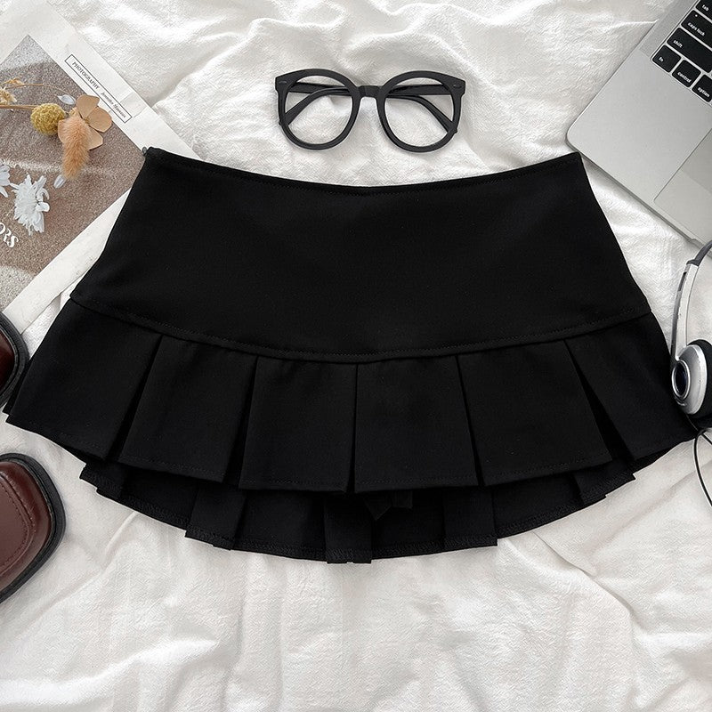 Low Waist Mini Skirt Y2K Black Low Rise Pleated Skort with Bulit-in Shorts Micro Miniskirt Women Teenage Girls Sweet Outfit
