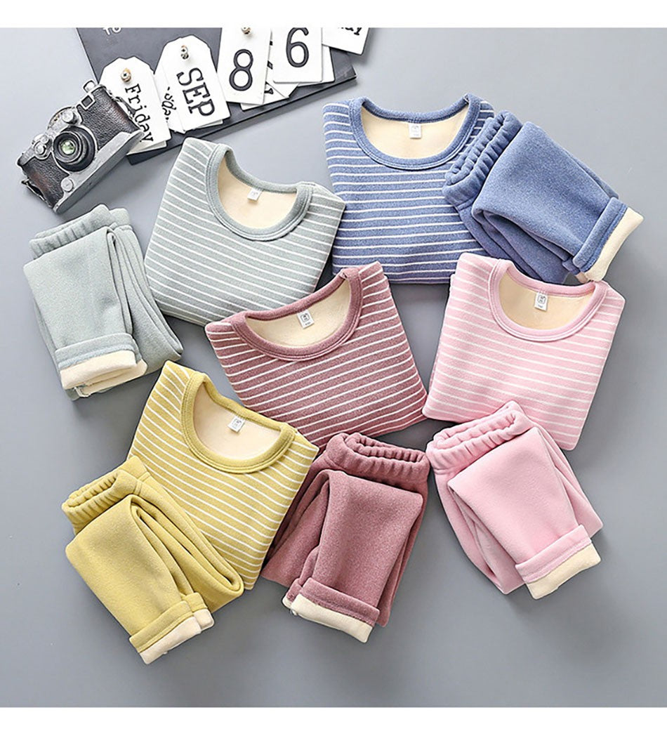 Autumn Winter Boys Girls Plush Striped Clothing Set Kids Cozy and Warm Sleepwear Pajamas Suitable for Children Daily Wear