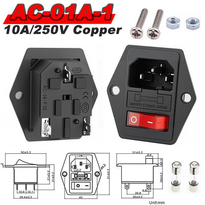 IEC 320 C13 C14 AC Inlet Power Plug Socket 250V 10A Fuse Red Lamp Rocker Switch Rewirable 3Pin Electrical Male Female Connector