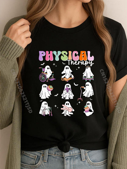 Ghost Physical Therapy Physical Therapist Halloween Groovy XS Graphic T Shirts Shirts For Woman Vintage