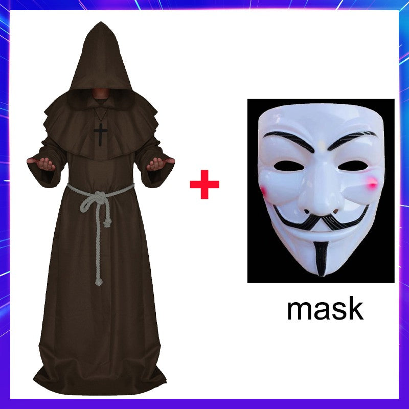 Halloween Wizard Cosplay Medieval Monk Hooded Robe Costume Mask Hat For Men Steampunk Priest Horror Masquerade Unisex Cloak Cape