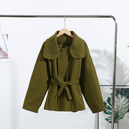 Woolen Solid Women Coat Fashion Belt Patchwork Lace Up Full Sleeve Lapel Lady Jacket 2025 Autumn Winter Female Loose Streetwear