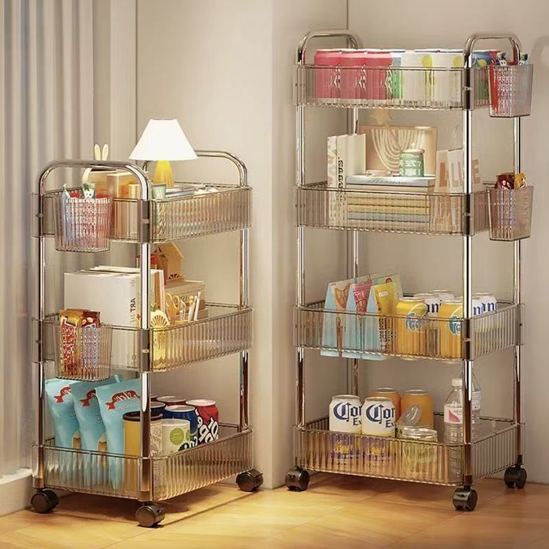 Prateleira de armazenamento móvel para banheiro para lanches, brinquedos e cosméticos multi-camadas, carrinho pequeno transparente