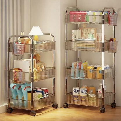 Prateleira de armazenamento móvel para banheiro para lanches, brinquedos e cosméticos multi-camadas, carrinho pequeno transparente