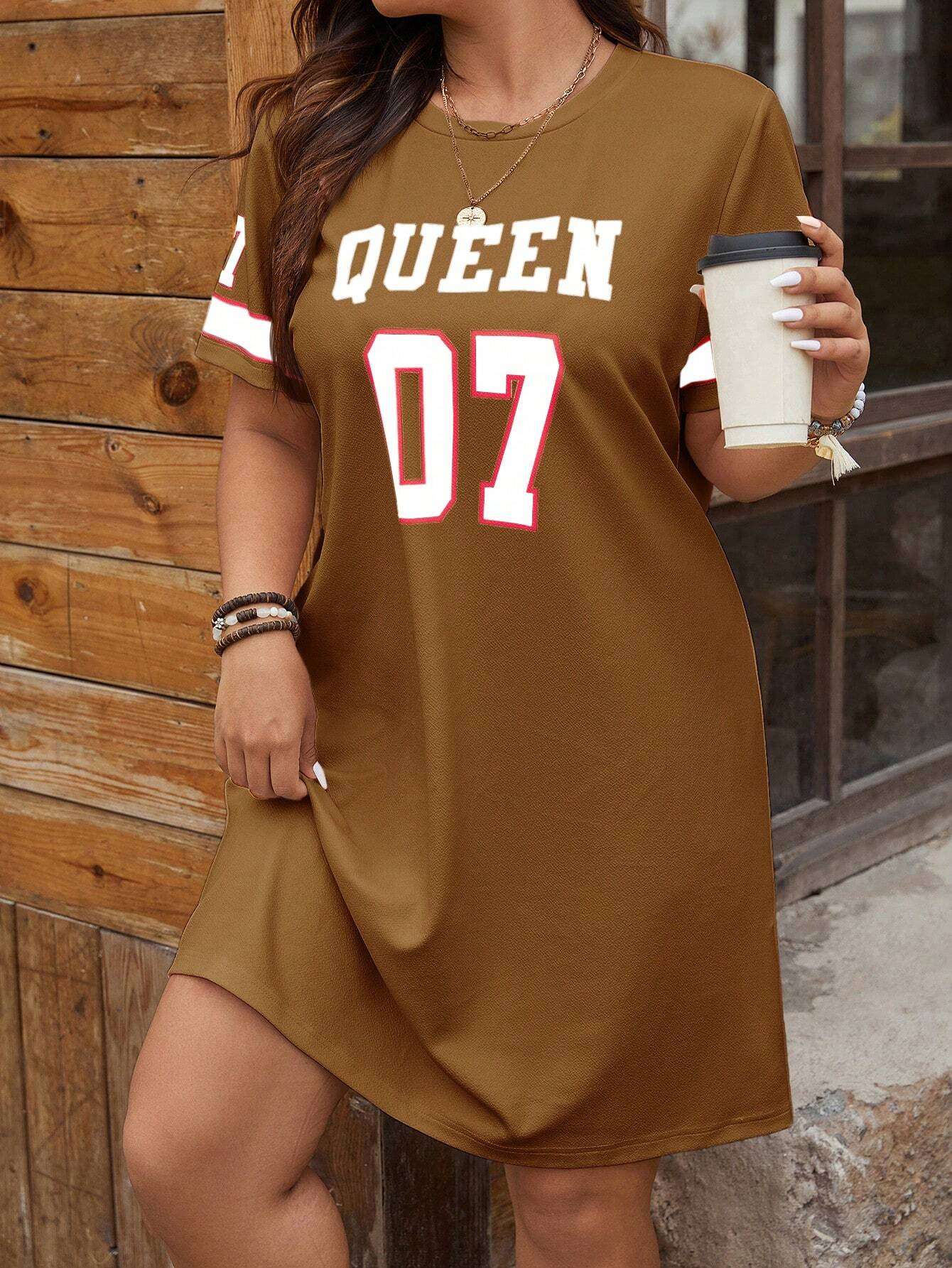 Plus Size Women's Summer Music Festival Pattern Sporty Casual Letter Print Fashionable 07 Printed Jersey Tenniscore Dress