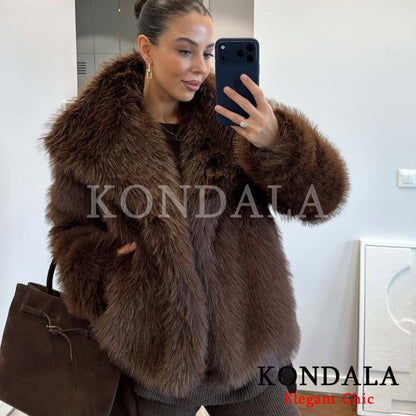 KONDALA Women Brown Faux Fur Jacket Fall Winter Jacket Lapel Loose Jacket 2025 Fashion High Street Elegant Female Jacket Coat