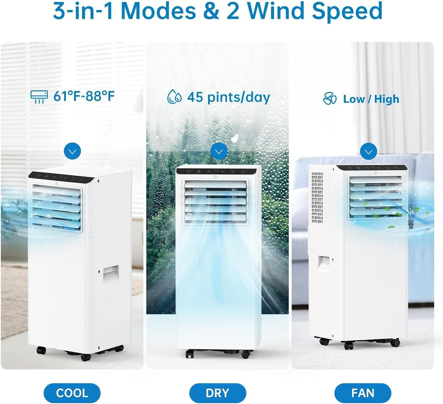 Ar-Condicionado Portátil 8000BTU com Controle Remoto e Timer 24h, Unidade de AC Portátil 3 em 1 de Baixo Ruído com Desumidificador