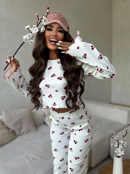 Lace Trim Women Pajama Set Short Sleeve Front Button Top & Full-Length Pants Cherry Print 2 Pieces Sleepwear Nightwear Homewear