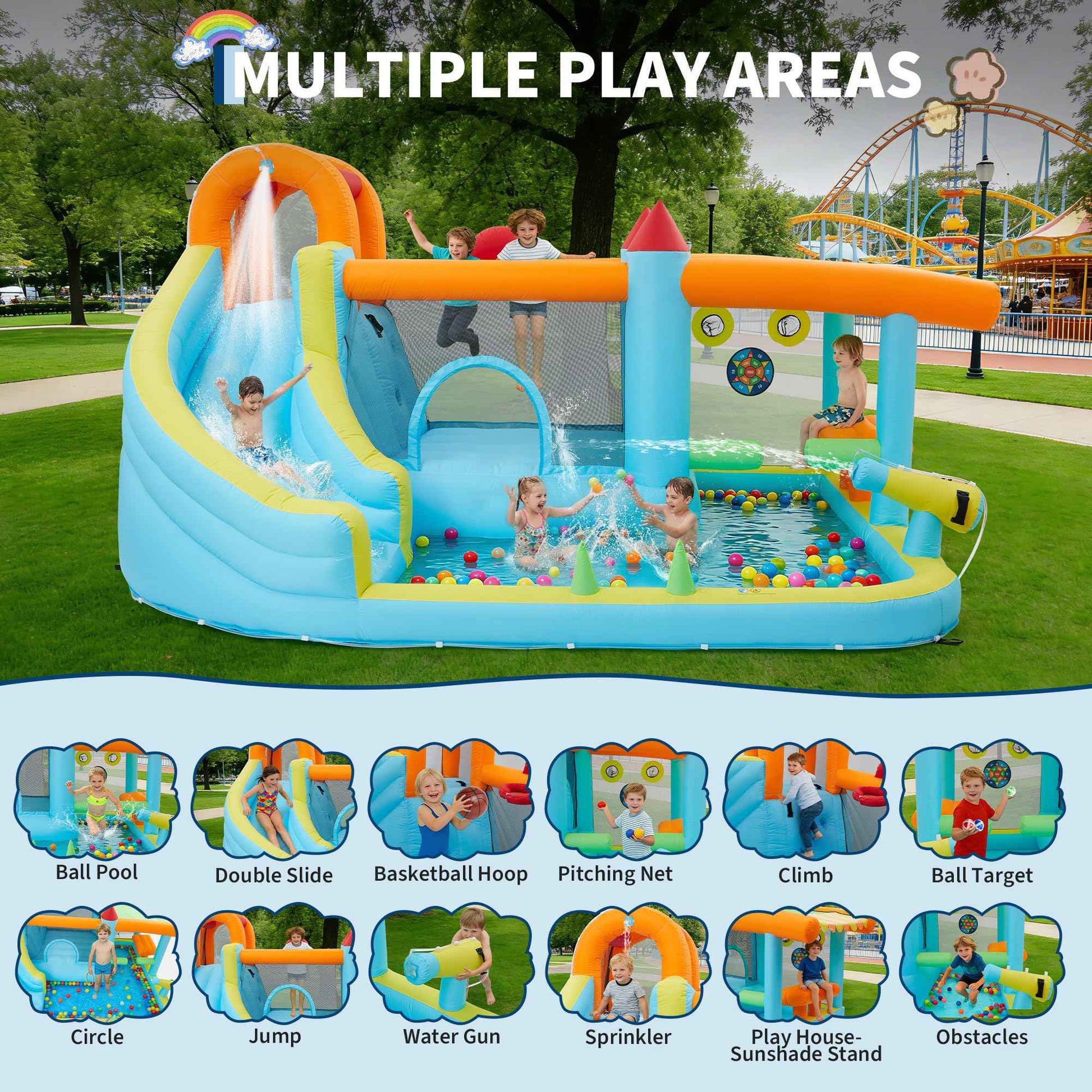14FT Kids Bounce House With Slide & 450W Blower, 12-in-1 Inflatable Water Bouncer For Backyard Indoor Outdoor Party Castle Play