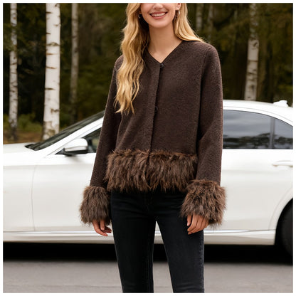 Ladies Coat With Plush Hem Faux Fur Single Breasted Patchwork Knitted Coat Autumn And Winter Daily Fashion Versatile Coat
