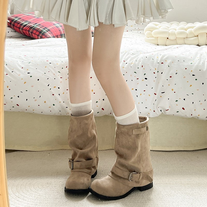 Vintage Thick Heel Women Western Cowboy Boots Fashion Belt Buckle Slip On Shoes Ladies Pleated Short Booties Autumn Winter