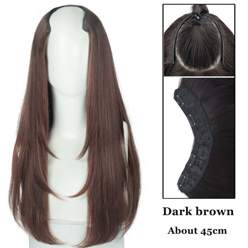 Peruca feminina com botão interno de peça única, cabelo encaracolado longo em camadas, aplique em V