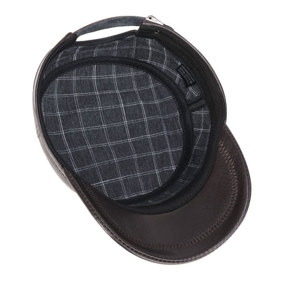 VOBOOM Winter Leather Cadet Army Cap Cabbies Adjustable Soft Flat Top Military Style Hat for Men