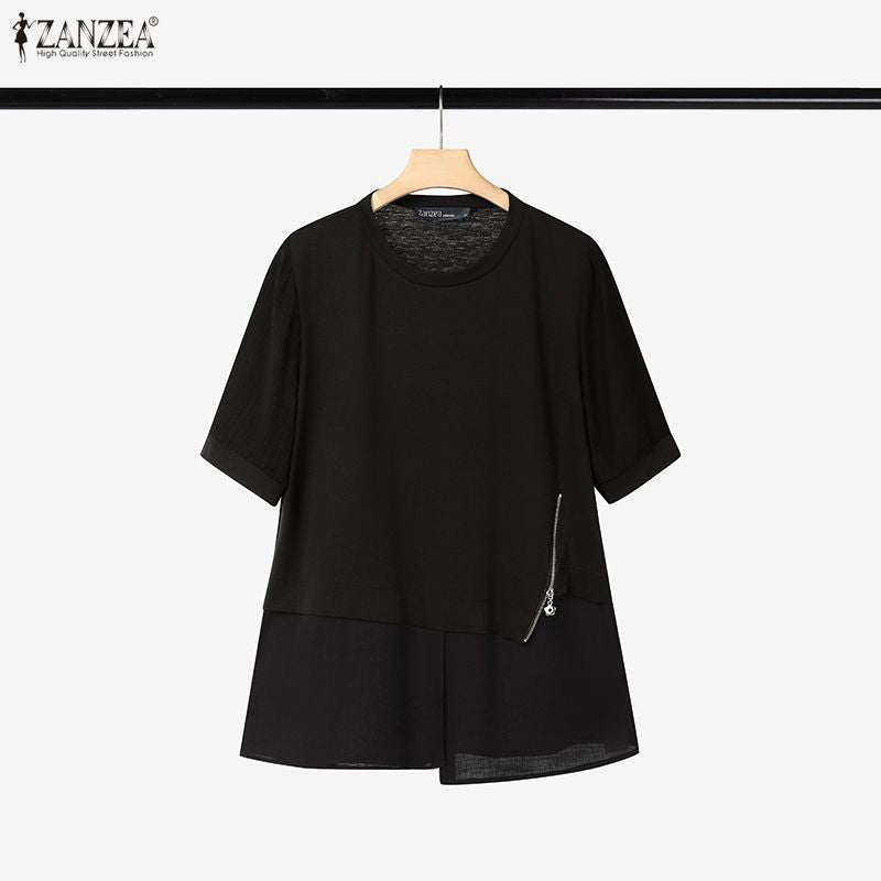 ZANZEA Women Summer Patchwork Blouse 2025 Casual O Neck Short Sleeve Tops Blusas Fashion Elegant Work Shirt Mujer Female Chemise
