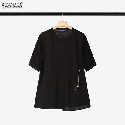 ZANZEA Women Summer Patchwork Blouse 2025 Casual O Neck Short Sleeve Tops Blusas Fashion Elegant Work Shirt Mujer Female Chemise