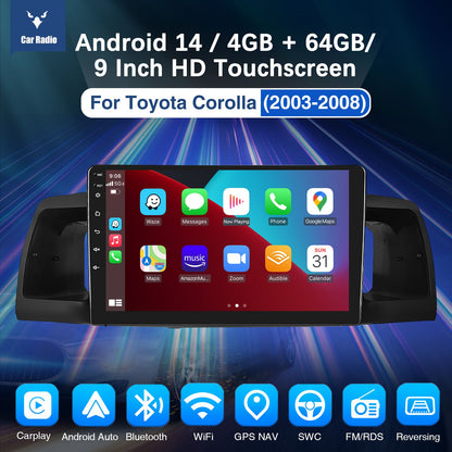 Rádio Automotivo 9" Android 14 Para Toyota Corolla E120 EX 2000 2001 2002 2003 2004 2Din Player Multimídia GPS Navi Central Multimídia WIFI