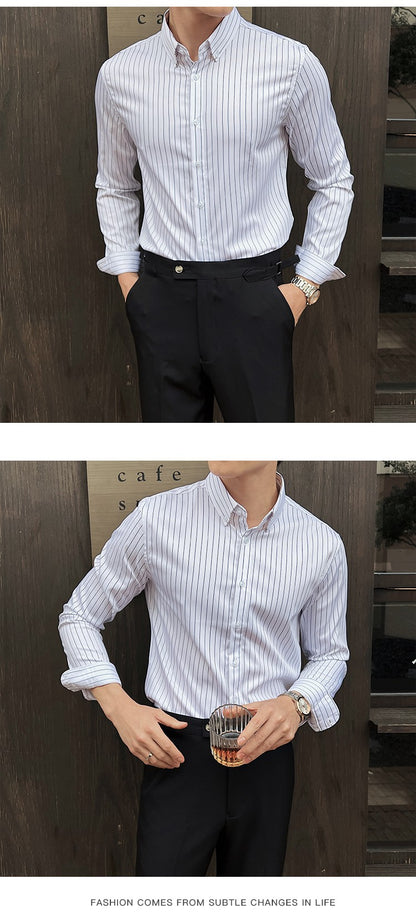 Striped Shirts for Men High-quality 2025 Autumn New Solid Business Casual Long Sleeved Elastic Slim Fit Dress Shirt Men Clothing