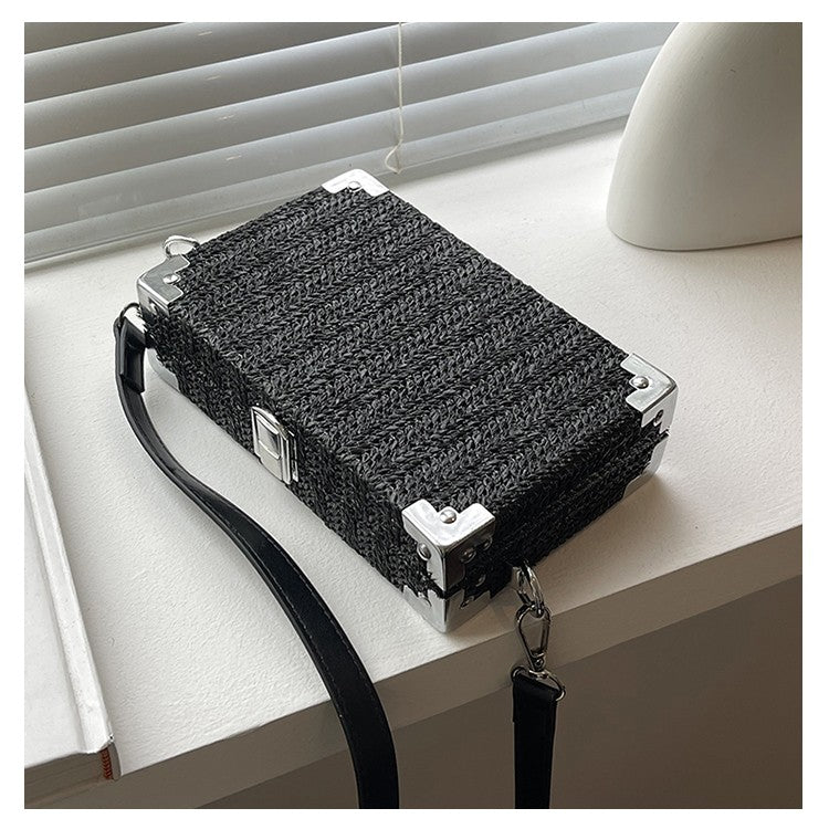 Couple's Sling Bag Straw Weaving with Corner Metal Decoration Boxy Shape Doctor Bag for Date Back to School Party Shoulder Bag