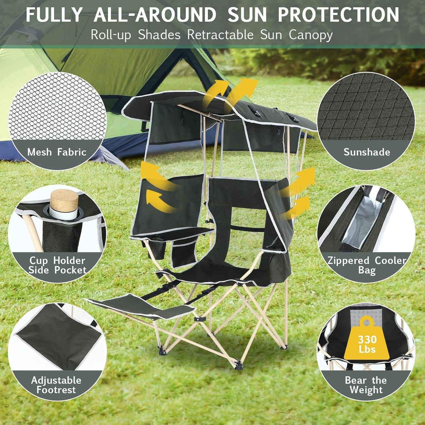 Cadeira de Acampamento CQ com Toldo, Cadeiras Esportivas para Adultos, Cadeira com Toldo e Apoio de Pés Removível, Cadeira para Pesca no Gelo com Porta-Copos