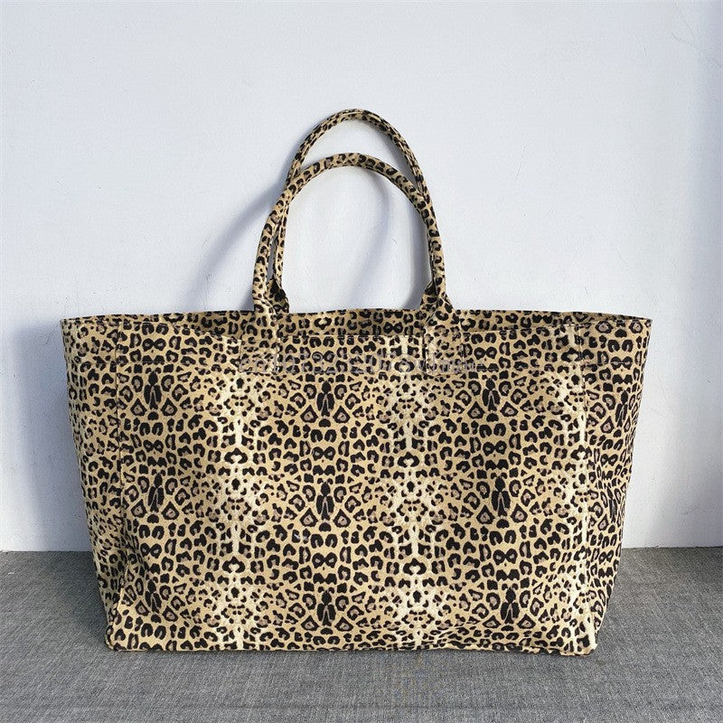 Korean Fashion Leopard Pattern Shoulder Bag Trendy Letter Embroidery Tote Bags Women Canvas Large Capacity Handbag Shopping Bags