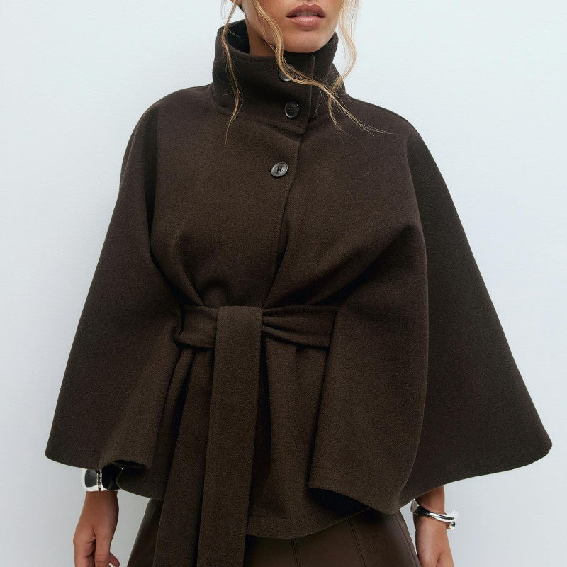 chic vintage cape jacket with belt stand neck single breasted loose coat loose flare sleeve coats early lady autumn Y2K outwears