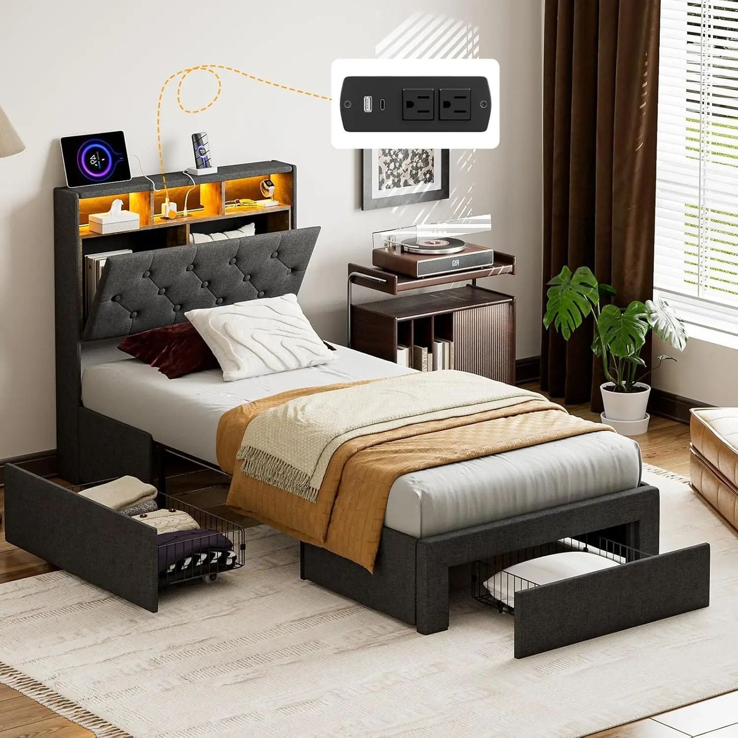 King Bed Frame with Charging Station Storage Headboard Upholstered Linen Button Tufted LED Platform Bed with 4 Drawers
