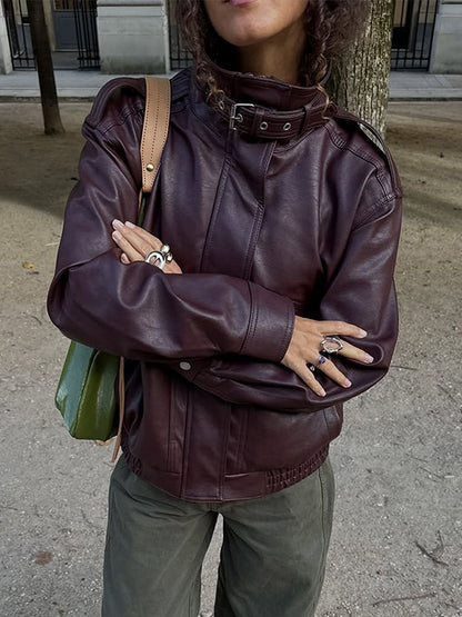 Fashion PU Leather Stand Up Coat for Women Casual Long Sleeve Zipper Lady Jackets 2025 Autumn New Female Outerwear High Street