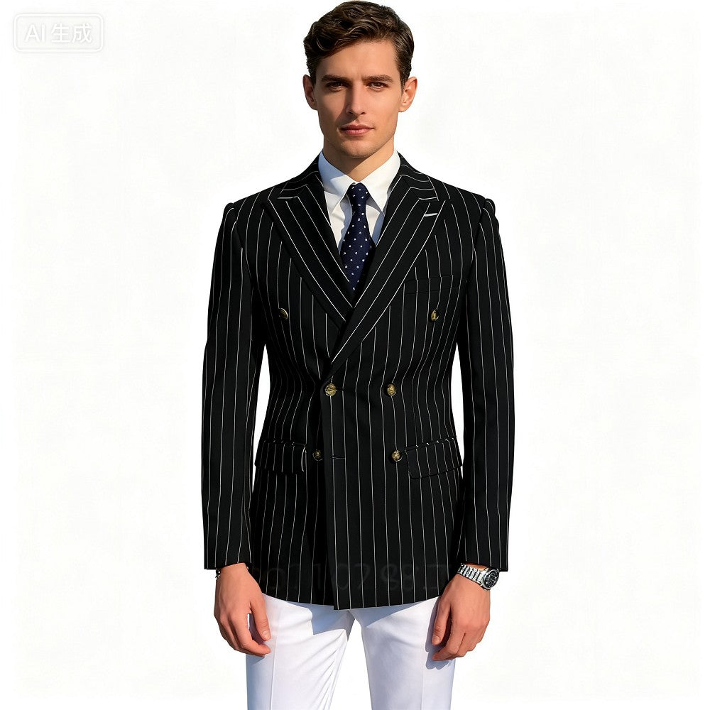 Men's Brown Striped Blazer Double Breasted Jacket Peak Lapel Spring New Style Male Outerwear