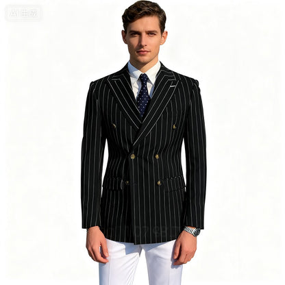 Men's Brown Striped Blazer Double Breasted Jacket Peak Lapel Spring New Style Male Outerwear