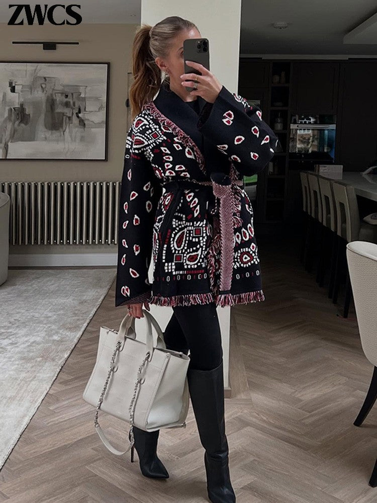 Knitted Print Lace-up Cardigan Coat Women's Elegant V-neck Tassels Full Sleeve Belted Sweaters 2025 Autumn New Ladies Outwear