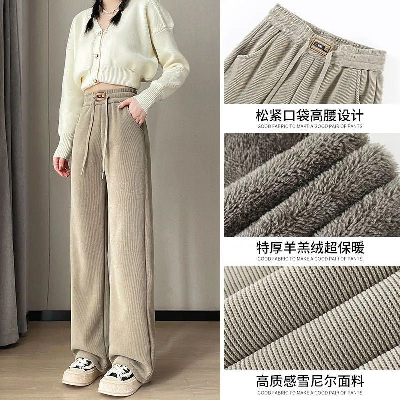 Warm Lambswool Straight Pants Women Corduroy Thickened Loose Wide Leg Pants Fashion Casual Elastic High Waist Fleece Trousers