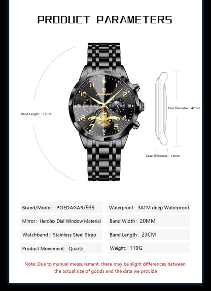 POEDAGAR Luxo Alta Qualidade Relógio de Pulso Masculino Cronógrafo Aço Inoxidável Quartzo Relógios Masculinos Impermeável Luminoso Relógio Masculino Reloj