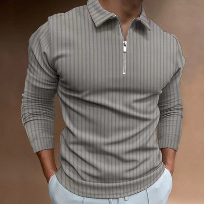 2024 New Men's Autumn And Winter Solid Color Lapel Leisure Sports Polo Shirt Zipper Striped Long Sleeve High Elasticity