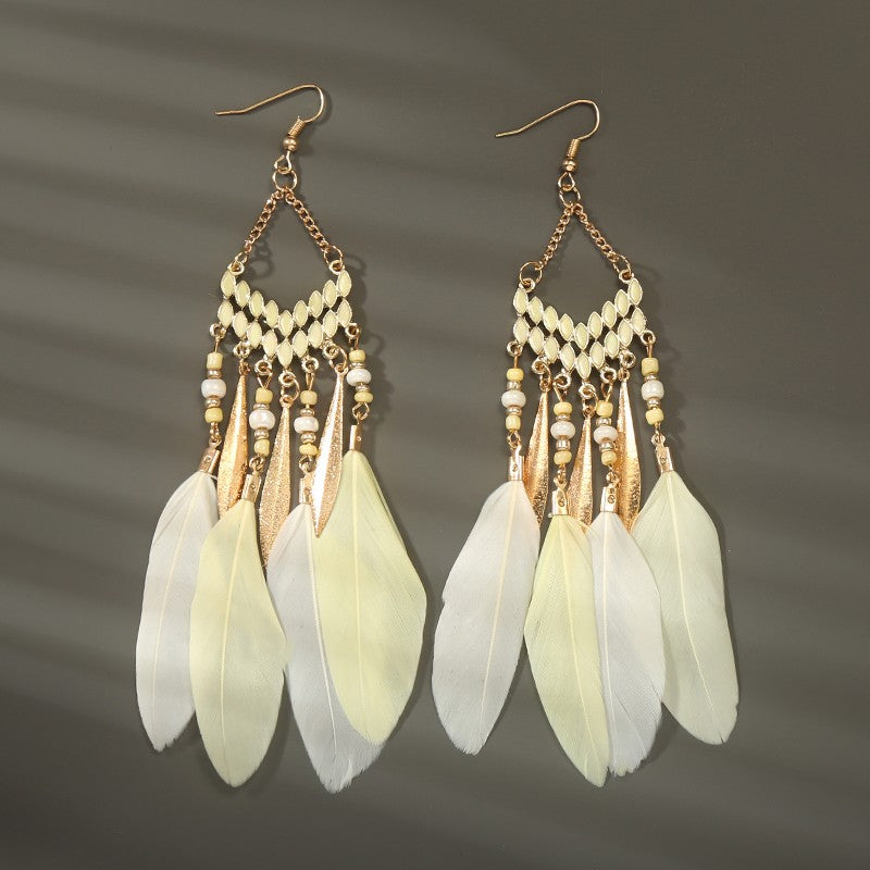 Brincos femininos longos de pena estilo boho, praia, com borla longa, miçangas, flores artesanais esmaltadas, para noiva, casamento, Pendientes Mujer