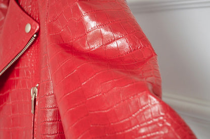 Mauroicardi Spring Red Crocodile Pattern Faux Leather Biker Jacket Long Sleeve Zipper Plus Size Designer Men Clothing 4xl 5xl