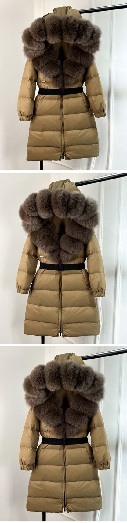 Janveny New Natural Thick Warm 90% White Duck Down Coat Long Winter Jacket Women Real Big Fox Fur Collar Belt Loose Puffer Parka