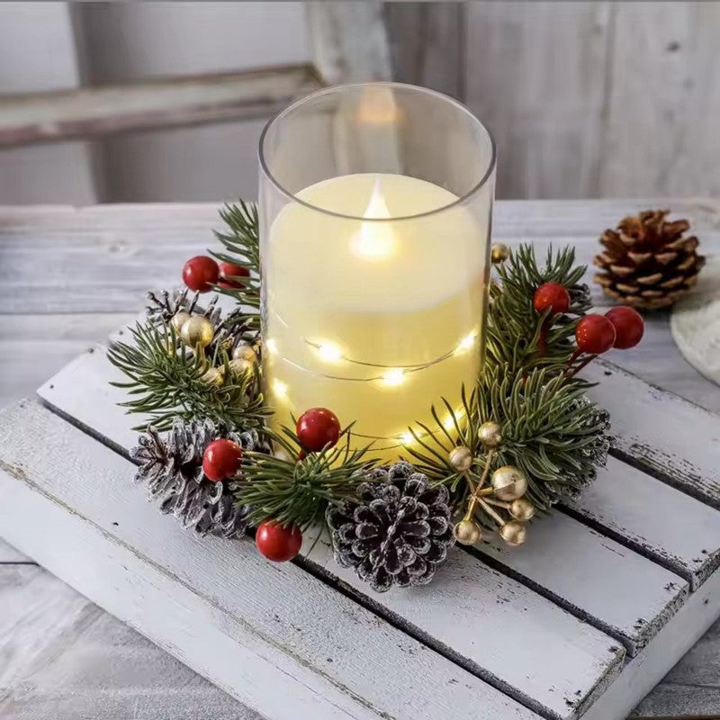 1/2pcs Christmas Candle Holders with Artificial Pine Branches & Berries New Year Tabletop Home Decorations Candle Wreath Gifts