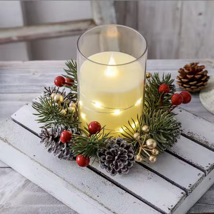 1/2pcs Christmas Candle Holders with Artificial Pine Branches & Berries New Year Tabletop Home Decorations Candle Wreath Gifts