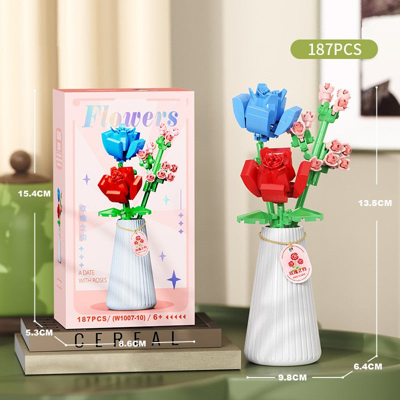 Flower Bouquet Building Blocks with Vase DIY Rose Sunflower Mini Bricks for Kids Birthday Party Favors Girls Gift Desktop Decor