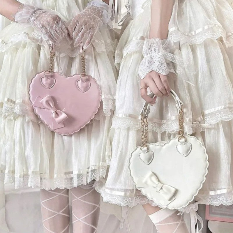 PU Heart Lolita Handbags Girls Bowknots Decor Japanese Shoulder Bags Two Sized Kawaii Shell Purses Cute Pink Messenger Bag Gifts