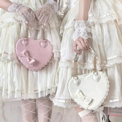 PU Heart Lolita Handbags Girls Bowknots Decor Japanese Shoulder Bags Two Sized Kawaii Shell Purses Cute Pink Messenger Bag Gifts