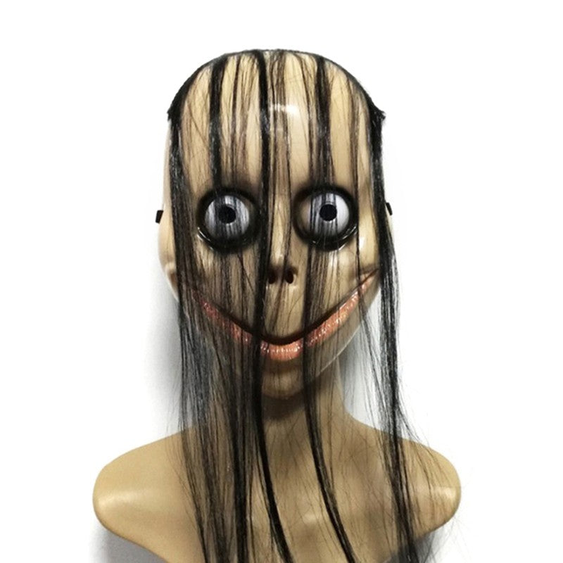Halloween MO MO Mask With Long Hair Big Eyes Funny Mask Horror Ghost Party Costume Props V-shaped Mouth Mask Halloween Cosplay